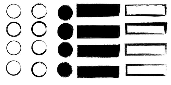 Set of hand drawn geometric shapes including circles solid dots rectangles and outline boxes on white background