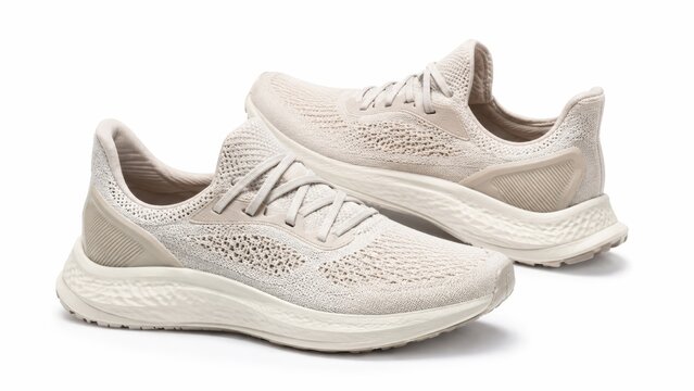 pair of beige lightweight knit running shoes with cushioned soles displayed on a white background.
