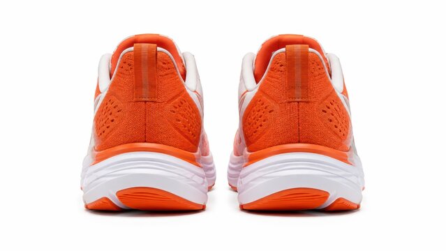 Rear view of a pair of vibrant orange and white running shoes with detailed mesh design and sturdy soles.