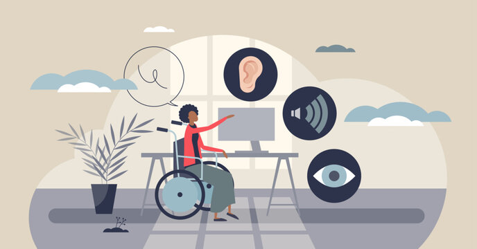 Assistive technology design, wheelchair user at computer with speech, hearing, and vision icons, illustrating inclusive digital access. Tiny style