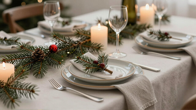 Elegant Christmas dinner table with candles, evergreen branches and festive place settings