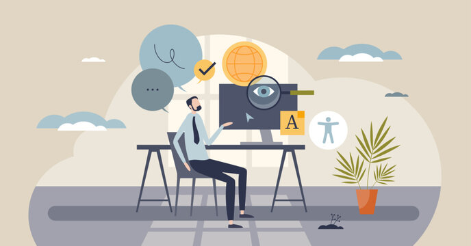 Web accessibility Tiny illustrated, a designer reviews a monitor with magnifying glass and accessibility icon, conveying inclusive UX and readable content. Tiny style