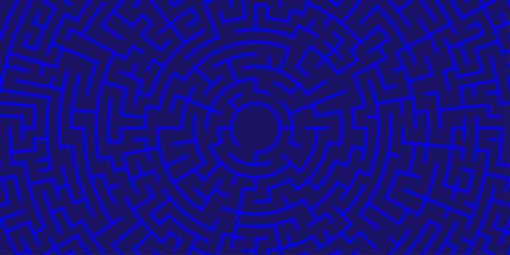 Abstract blue circular maze labyrinth pattern background.