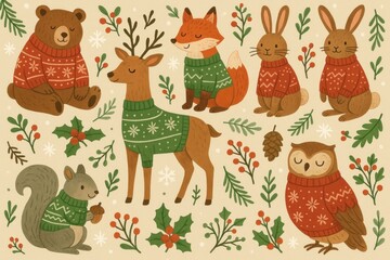 Naklejka premium Cute woodland animals in sweaters background