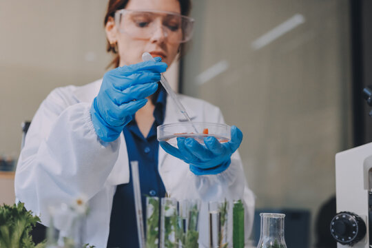 Scientists in lab coats work with plants in a modern lab, focusing on research and experimentation under bright, sterile conditions.