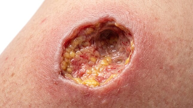 Macro close up of deep open chronic skin ulcer wound with slough and granulation tissue