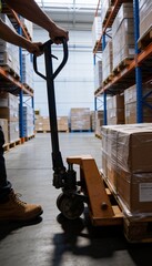 Fototapeta premium Logistics Operator Moving Pallet Truck in Large Storage Depot