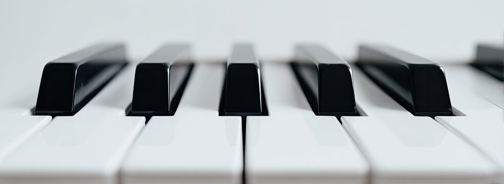 Close-up of piano keys, showcasing alternating black and white surfaces. Focus on keys
