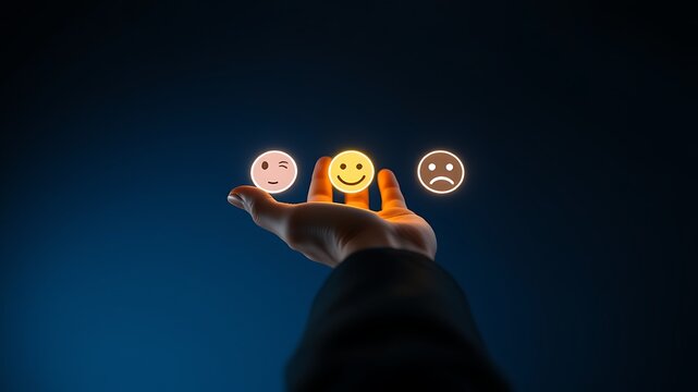A human hand holding three glowing emoji representing customer feedback with a winking face, a smiling face, and a sad face