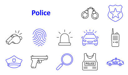 Police set icon. Handcuffs pair, star badge, whistle blow, fingerprint mark, siren light, patrol car, radio unit, police cap, pistol gun, magnifying glass, vest armor, car. © Anastasia
