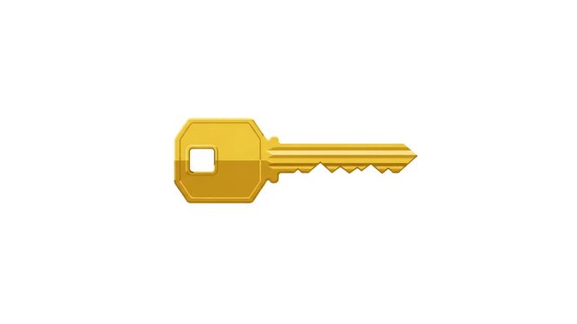 A single golden metal key with a square head and serrated edge on a plain white background, symbolizing security and access.