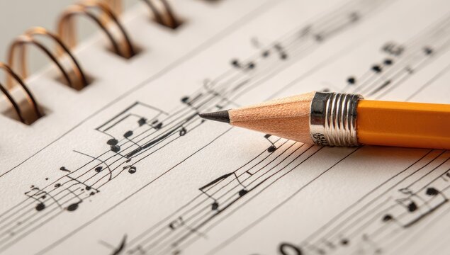 Close-up of sheet music with a sharp yellow pencil, resting on open book
