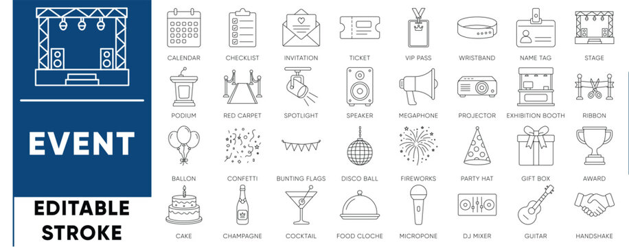 Event management and party outline icon set. Includes ticket, VIP pass, stage, celebration, and music vectors. Editable stroke for festival and conference UI.