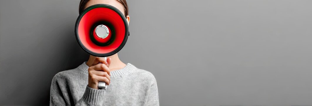 A person holds a megaphone in front of their face against a grey backdrop. The megaphone has red inside