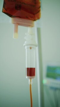Close up view of a blood bag connecting to an IV drip chamber, administering blood during a medical treatment