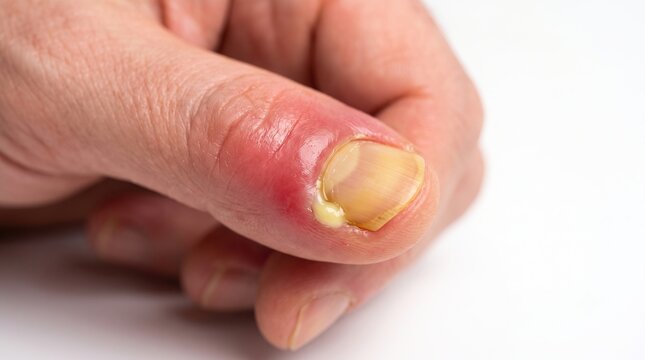 Severe acute paronychia infection on human thumb nail fold with oozing yellow pus