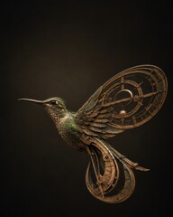 Naklejka premium Hummingbird Morphing Into Oxidized Copper Astronomical Astrolabe