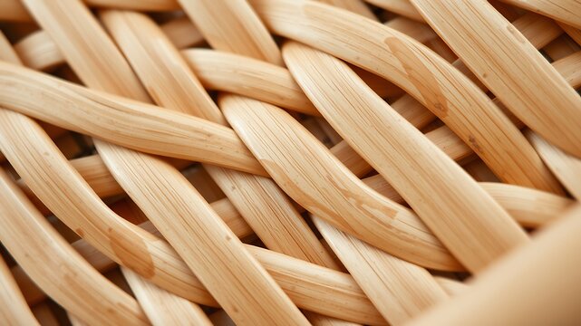 Close up of a woven wicker basket texture showing the intricate pattern of light brown wooden strips intertwined in a diagonal crisscross
