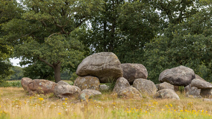 Idyllic image of dolmen D15 surrounded by oak trees on a summer's day, Loon, Drenthe, the Netherlands © Dan Photo Shaman