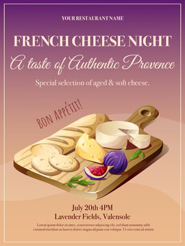French cheese night invitation flyer template. Wooden cutting board with sliced baguette, camembert, swiss cheese, and fresh figs on purple gradient background vector poster.