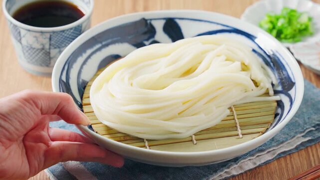 ざるうどん 讃岐うどんをお皿に盛った冷たい麺料理