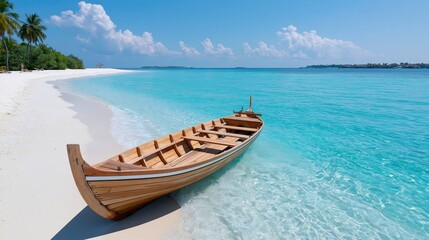 Obraz premium A wooden vessel rests gently on the pristine white sand beside the vibrant turquoise ocean.