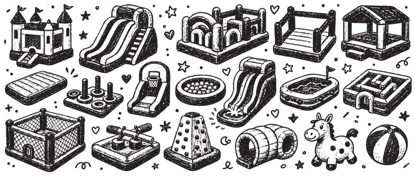 Various hand-drawn inflatable playground elements and toys, including bouncy castles, slides, and ball pits, arranged on a clean white background with decorative stars and hearts