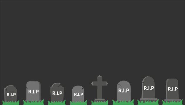 Cemetery graveyard line of grey tombstones with rip inscriptions and green grass against a dark background.