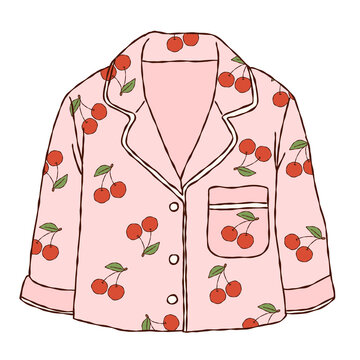 Pink cherry print pajama shirt illustration hand drawn cozy sleepwear button down top clipart