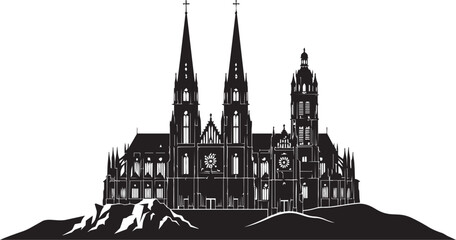 Fototapeta premium Gothic cathedral silhouette featuring two tall spires and intricate architectural details set against a solid white background for artistic projects