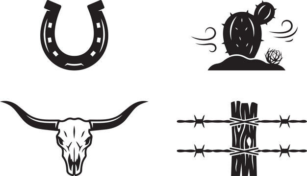 Western icons showing black silhouette horseshoe cactus tumbleweed bull skull and barbed wire fence post for rustic design project art