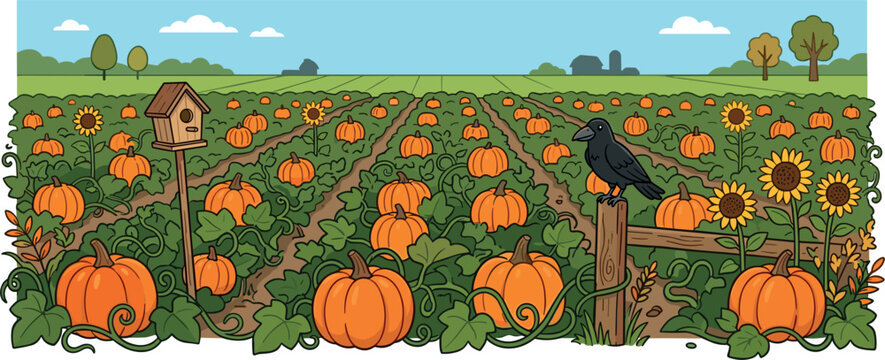 Autumn Pumpkin Patch Field Vector Landscape Illustration Featuring Crow Bird Wooden Birdhouse and Bright Sunflowers