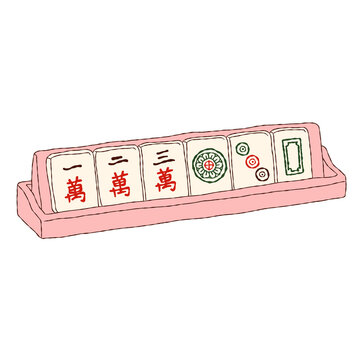 Pink mahjong rack holding winning tiles set vector illustration hand drawn game element