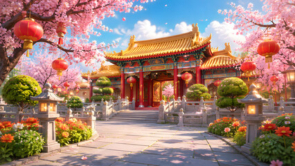 Obraz premium Traditional Chinese temple surrounded by spring blossoms