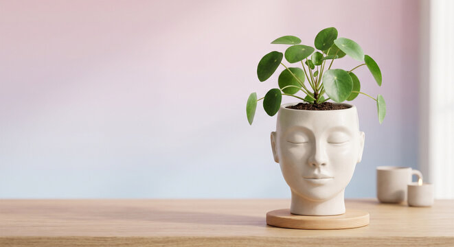 A serene head-shaped planter with a green pilea plant