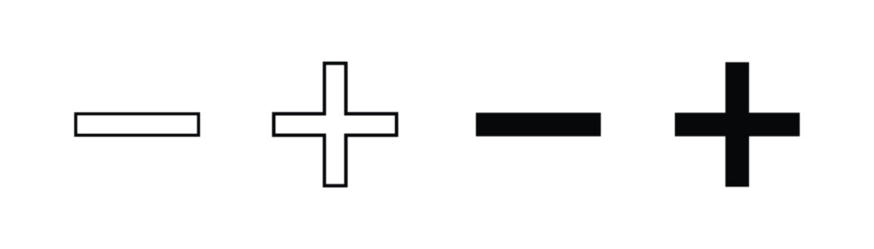 Plus and minus symbols in black color, Positive and negative solid, thin line vector signs. Mathematical symbols, add, subtract, right and wrong, pros and cons. Vector Illustration.