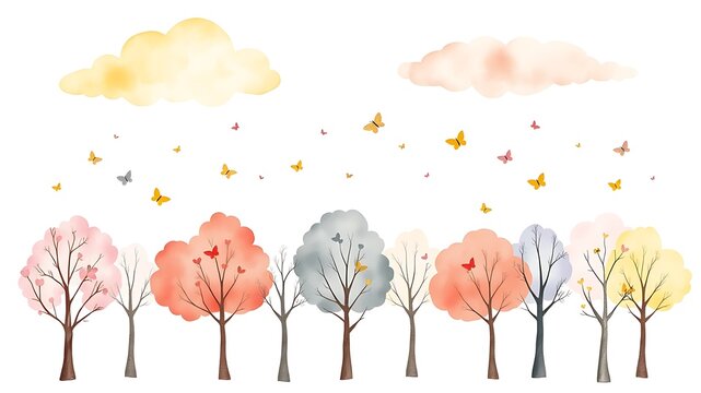 Watercolor of a forest with colorful trees in various shades of pink, orange, and grey with yellow clouds and flying butterflies