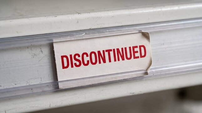 Close-up of a file folder label with the word discontinued printed in red ink for business archives