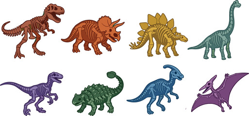 Cartoon Dinosaurs with Visible Skeletons Including T Rex Triceratops Stegosaurus and Pteranodon Vector Set © MstShahida