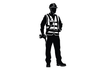 Obraz premium Construction worker silhouette stands against a white background full body depiction