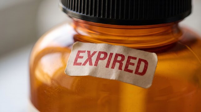 Expired Medication Bottle With Warning Label Indicating That The Medicine Has Passed Its Safe Usage Date for Medical Disposal