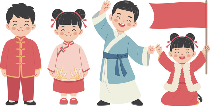 Cute Asian Children Character Vector Set Wearing Traditional Chinese Clothing and Holding a Red Flag for Festive Lunar New Year Designs