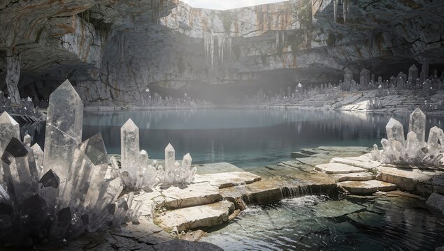 Quartz crystal clusters line the edges of a subterranean lake inside a sunlit cavern.