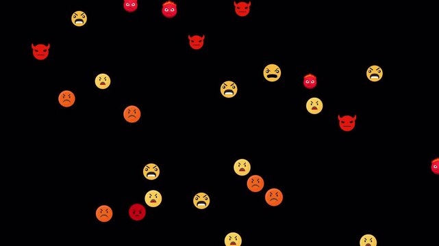 A collection of angry emojis and devil faces moves across the screen, creating a dynamic visual of rage, conflict and frustration with alpha channel.