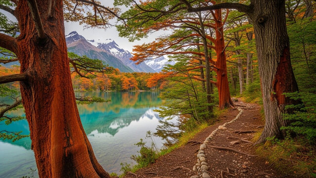 Patagonia Autumn Scenery with Turquoise Lake, Forest and Mountains