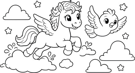 Fototapeta premium Cute cartoon winged pony and bird flying among fluffy clouds illustration