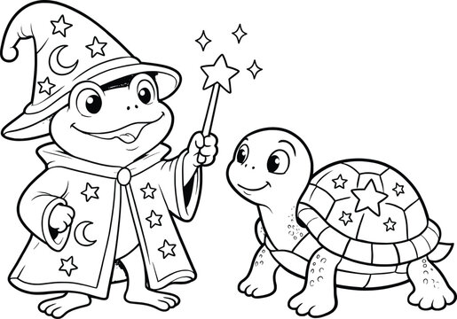 Cute cartoon wizard frog with magic wand and turtle friend illustration