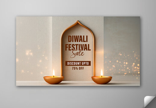 Editable Diwali Festival Sale TV Ads Banner with 75 Percent Off, Burning Oil Lamps on Grey Background.