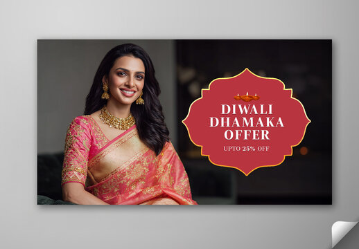 Editable Diwali Dhamaka Sale TV Ads Banner with Indian Woman in Sari and Gold Jewellery.