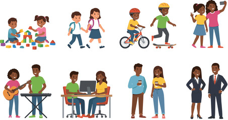 Fototapeta premium Growing up and friendship colorful vector icon set featuring life stages and social symbols